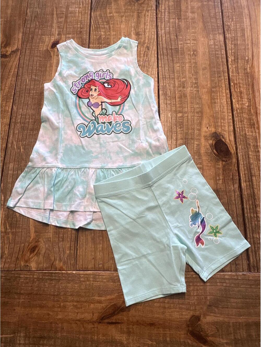 New Disney Ariel Strong Girls Make Waves Tank Top Shorts Set outfit Girls Size 4